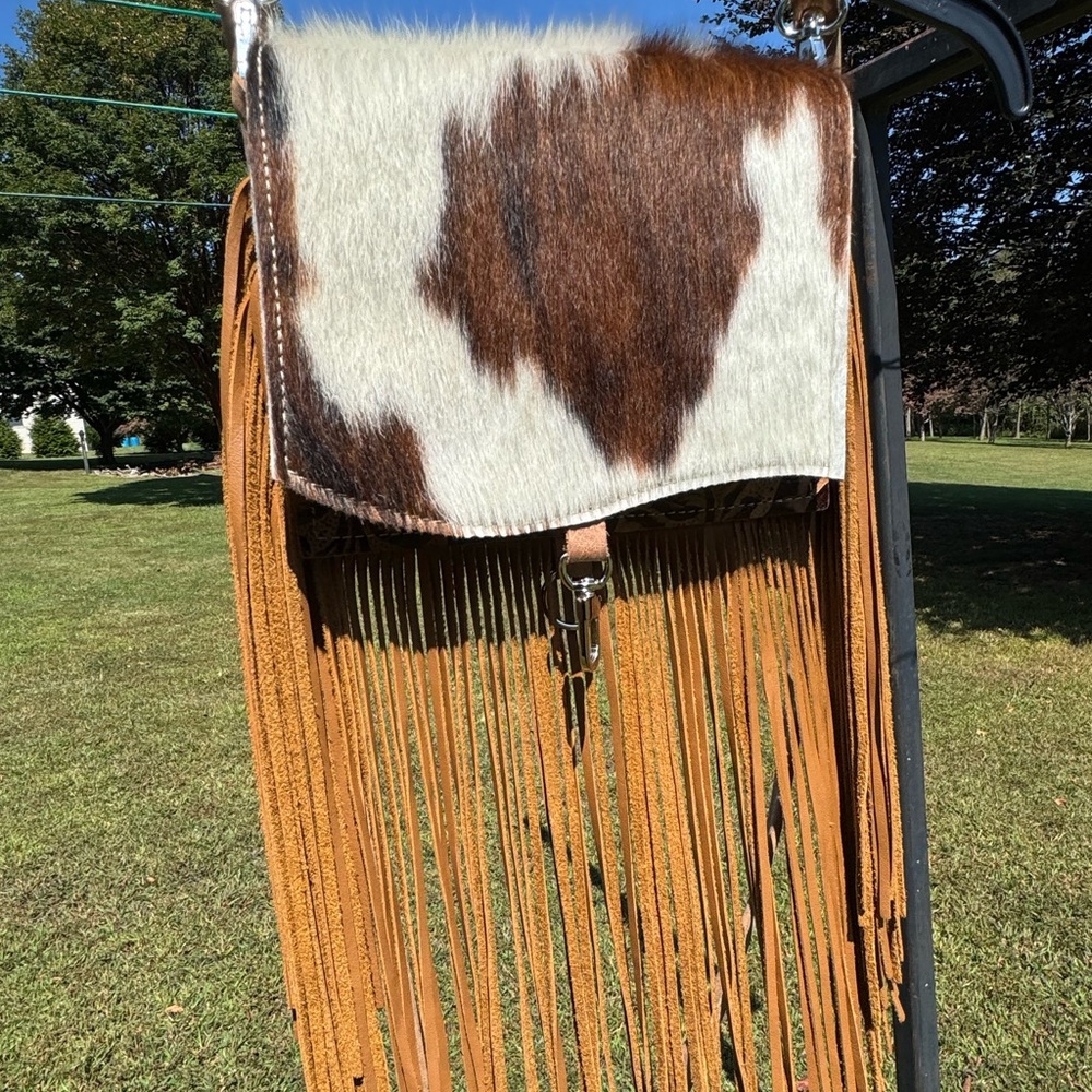 Holy Cow Couture Pony Express - Cowhide Crossbody Bag with Tan Fringe